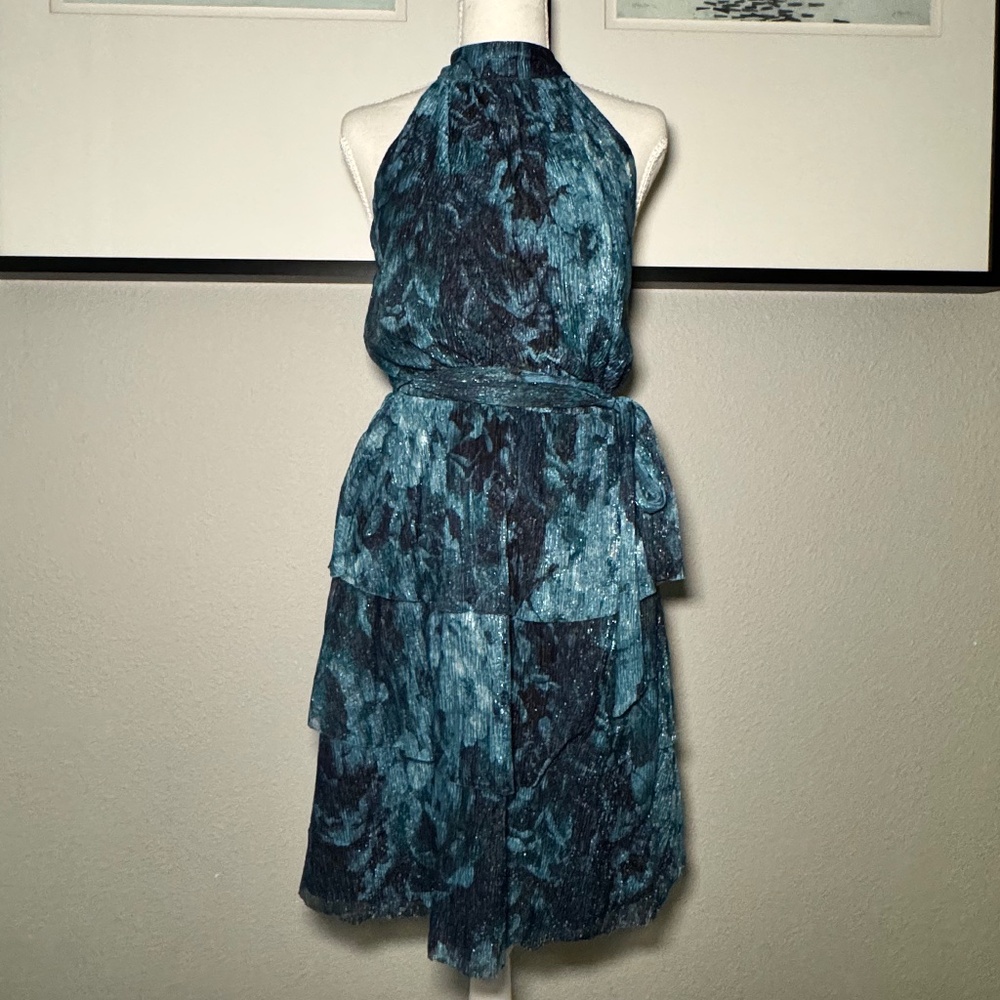 Nicole Miller Halter Dress – Size Small – Turquoise / Blue / Black Shimmer